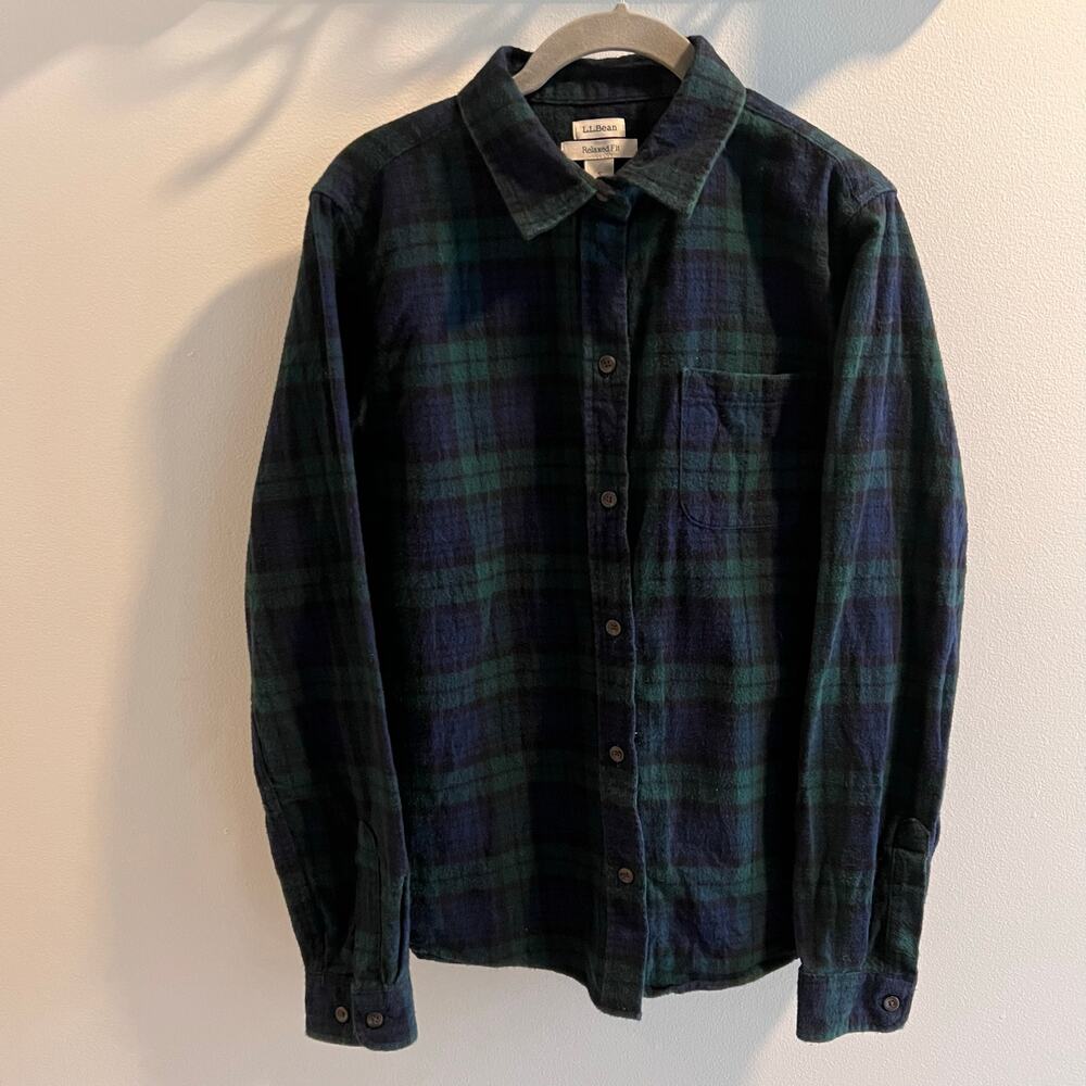 L.L.Bean 100% Cotton Navy Blue and Green Relaxed Fit Flannel Size S